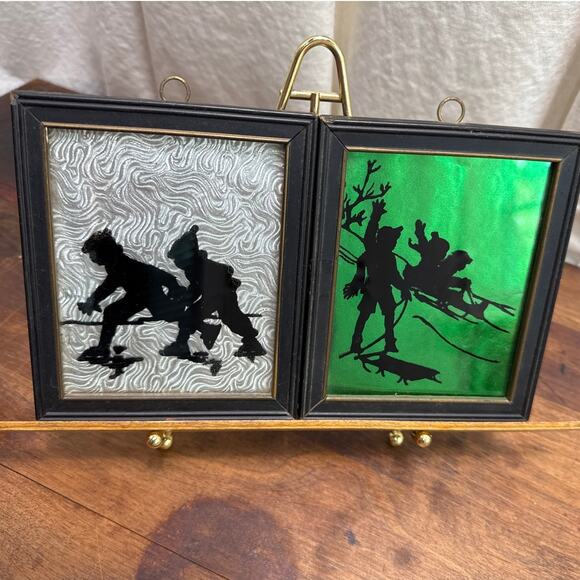 Deltex Reverse Painted Pair of Vintage Glass Pictures Winter Scene Silhouettes - Picture 2 of 14